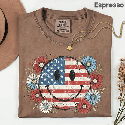 USA Flag Smiley Face DTF Transfer Ready to Press Comfort Colors T Shirt Patriotic Floral Heat Stickers Retro Groovy Daisy 4th of July
