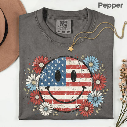 USA Flag Smiley Face DTF Transfer Ready to Press Comfort Colors T Shirt Patriotic Floral Heat Stickers Retro Groovy Daisy 4th of July