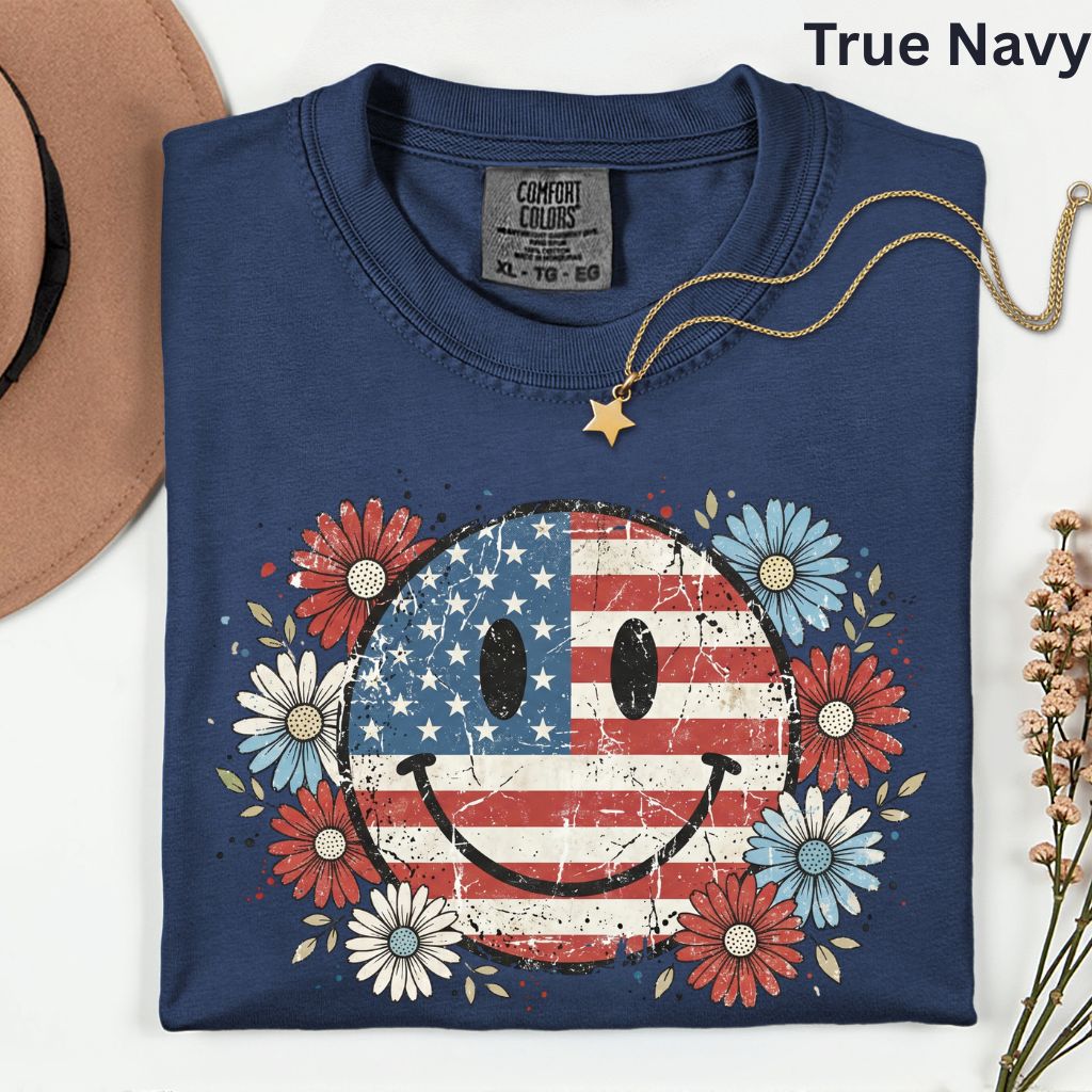 USA Flag Smiley Face DTF Transfer Ready to Press Comfort Colors T Shirt Patriotic Floral Heat Stickers Retro Groovy Daisy 4th of July