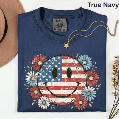 USA Flag Smiley Face DTF Transfer Ready to Press Comfort Colors T Shirt Patriotic Floral Heat Stickers Retro Groovy Daisy 4th of July
