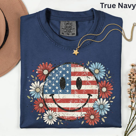 USA Flag Smiley Face DTF Transfer Ready to Press Comfort Colors T Shirt Patriotic Floral Heat Stickers Retro Groovy Daisy 4th of July