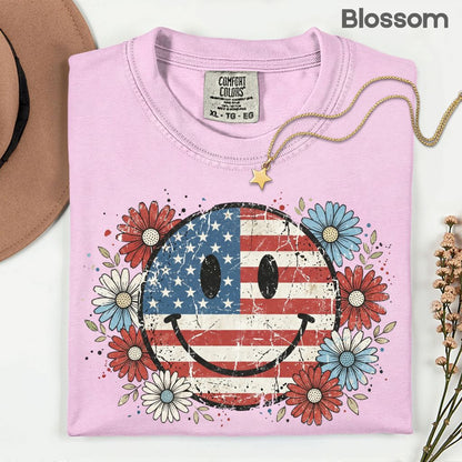 USA Flag Smiley Face DTF Transfer Ready to Press Comfort Colors T Shirt Patriotic Floral Heat Stickers Retro Groovy Daisy 4th of July