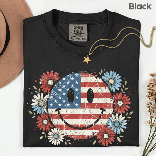 USA Flag Smiley Face DTF Transfer Ready to Press Comfort Colors T Shirt Patriotic Floral Heat Stickers Retro Groovy Daisy 4th of July