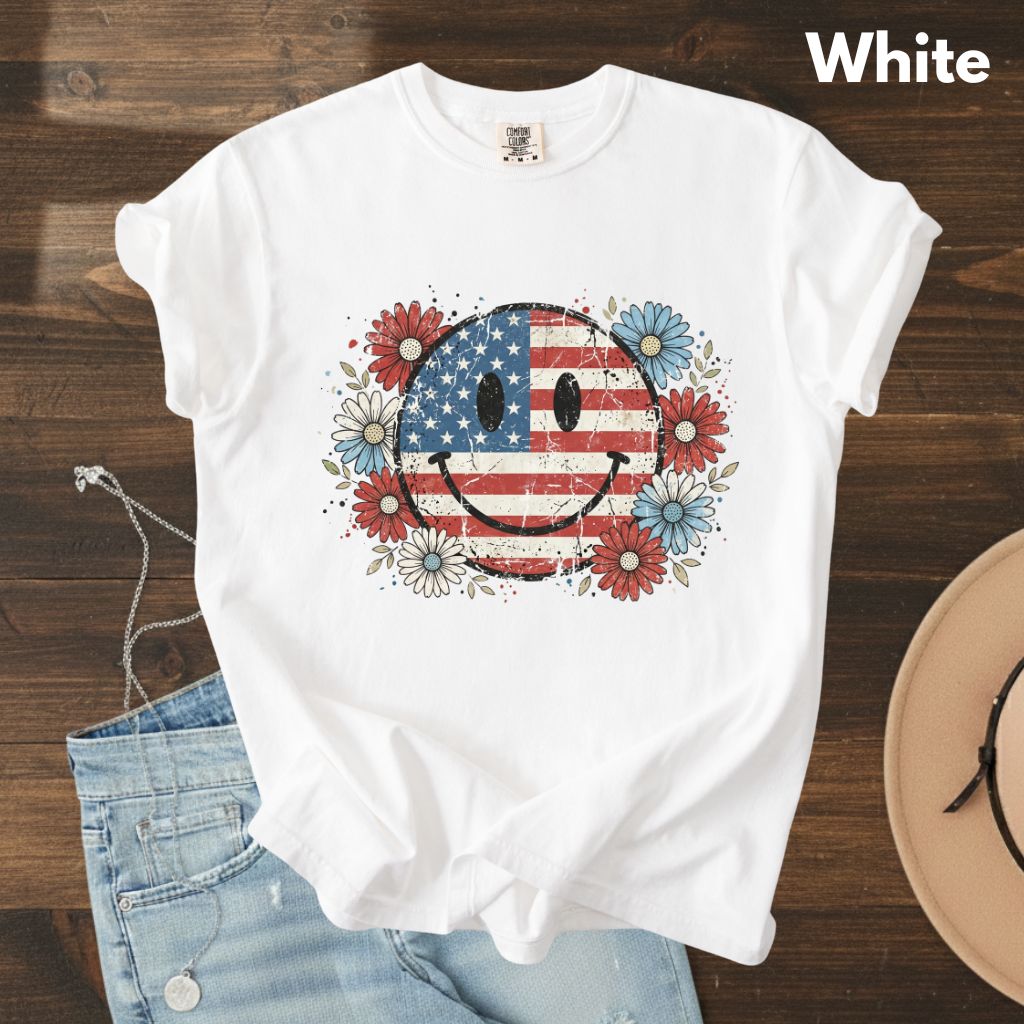USA Flag Smiley Face DTF Transfer Ready to Press Comfort Colors T Shirt Patriotic Floral Heat Stickers Retro Groovy Daisy 4th of July