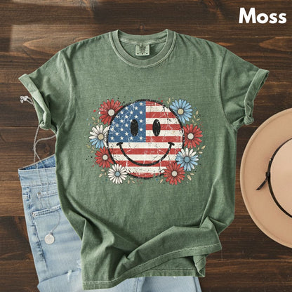 USA Flag Smiley Face DTF Transfer Ready to Press Comfort Colors T Shirt Patriotic Floral Heat Stickers Retro Groovy Daisy 4th of July