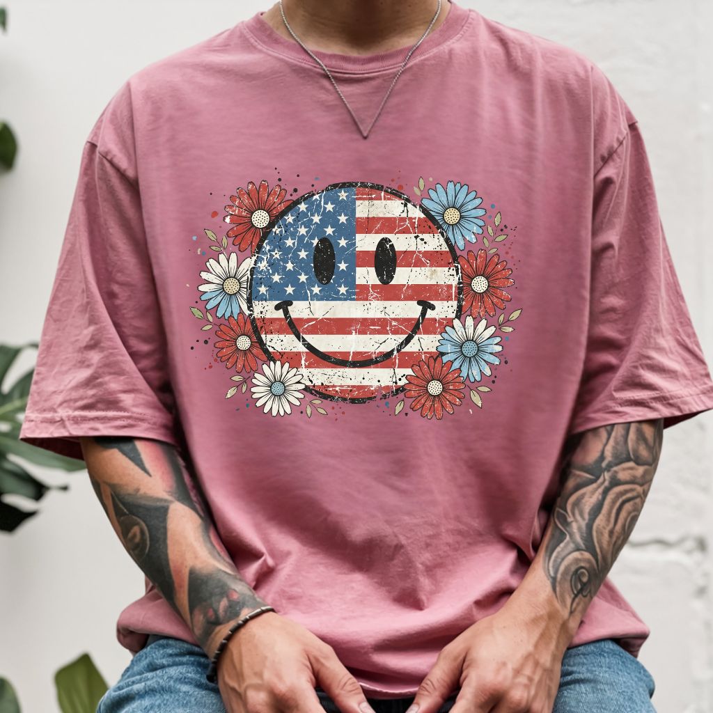 USA Flag Smiley Face DTF Transfer Ready to Press Comfort Colors T Shirt Patriotic Floral Heat Stickers Retro Groovy Daisy 4th of July