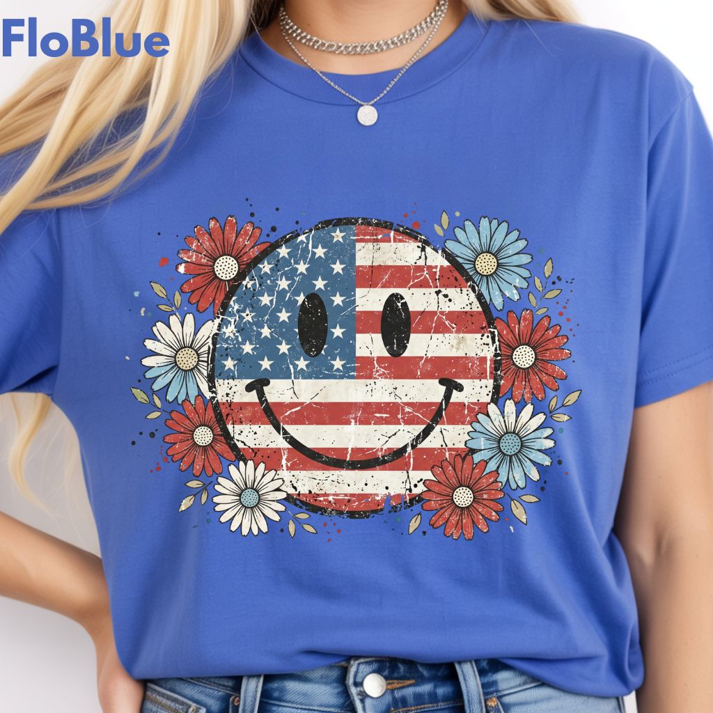 USA Flag Smiley Face DTF Transfer Ready to Press Comfort Colors T Shirt Patriotic Floral Heat Stickers Retro Groovy Daisy 4th of July