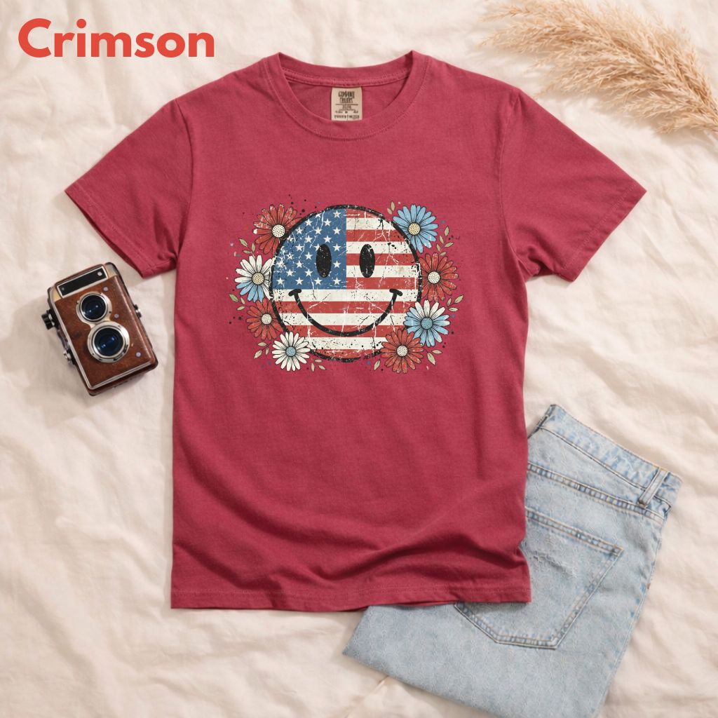 USA Flag Smiley Face DTF Transfer Ready to Press Comfort Colors T Shirt Patriotic Floral Heat Stickers Retro Groovy Daisy 4th of July