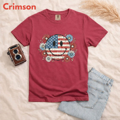 USA Flag Smiley Face DTF Transfer Ready to Press Comfort Colors T Shirt Patriotic Floral Heat Stickers Retro Groovy Daisy 4th of July