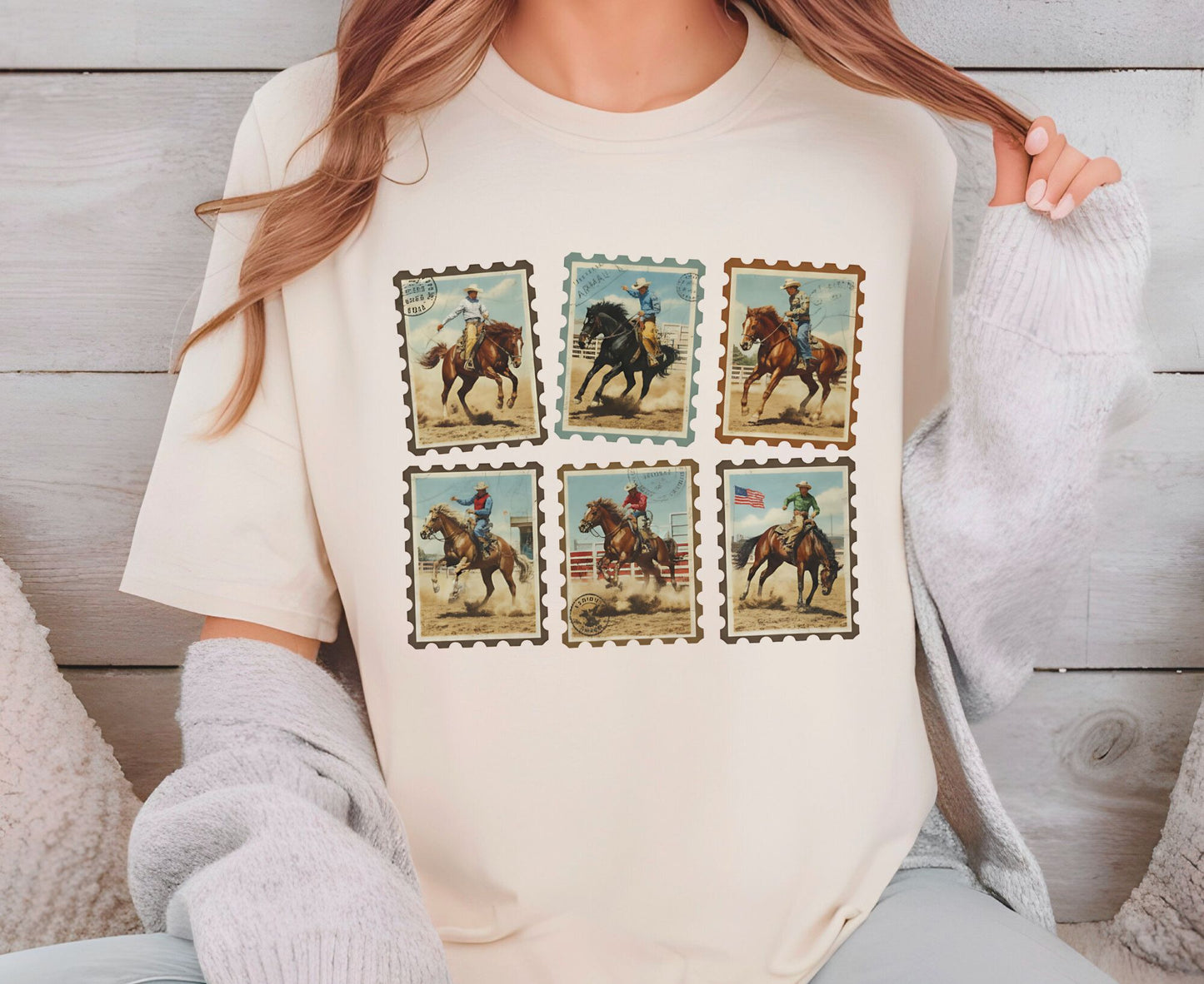 Vintage Cowboy Stamp T Shirt Adult Youth Toddler Baby Western Graphic Tee Retro Rodeo Postage Stamp Aesthetic Country Horse Rider Desert Gift