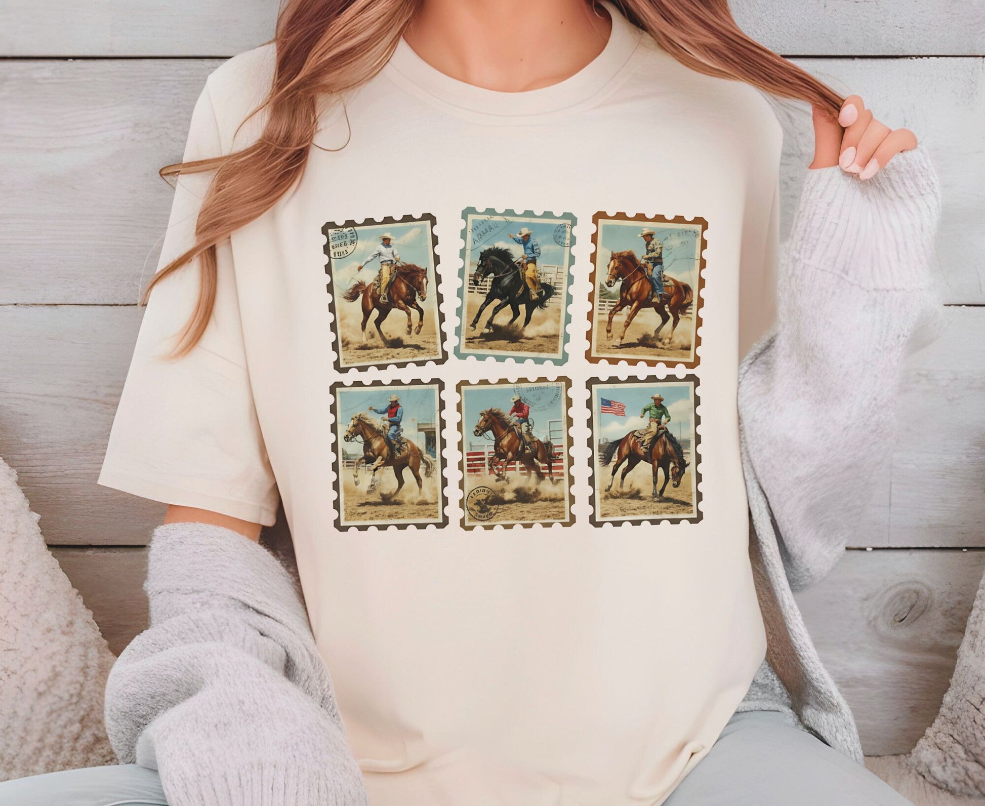 Vintage Cowboy Stamp T Shirt Adult Youth Toddler Baby Western Graphic Tee Retro Rodeo Postage Stamp Aesthetic Country Horse Rider Desert Gift