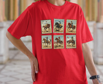 Vintage Cowboy Stamp T Shirt Adult Youth Toddler Baby Western Graphic Tee Retro Rodeo Postage Stamp Aesthetic Country Horse Rider Desert Gift