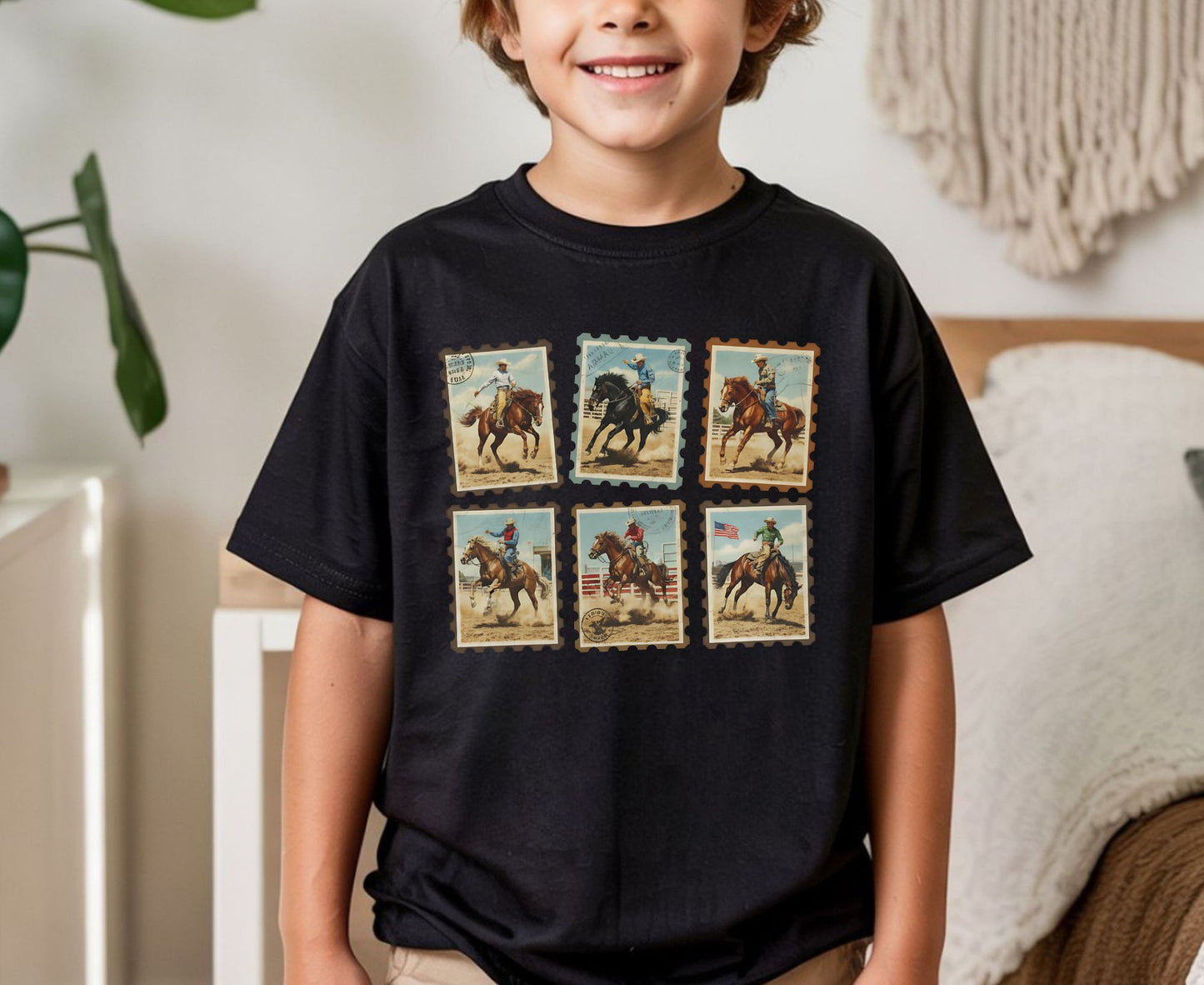 Vintage Cowboy Stamp T Shirt Adult Youth Toddler Baby Western Graphic Tee Retro Rodeo Postage Stamp Aesthetic Country Horse Rider Desert Gift