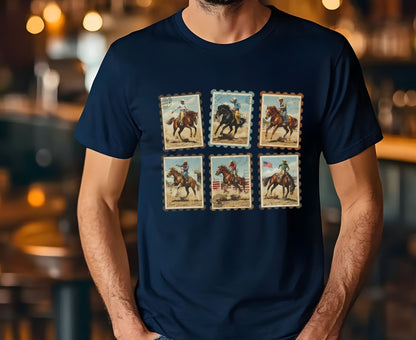 Vintage Cowboy Stamp T Shirt Adult Youth Toddler Baby Western Graphic Tee Retro Rodeo Postage Stamp Aesthetic Country Horse Rider Desert Gift