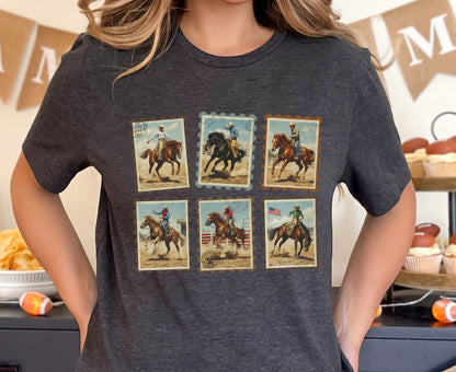 Vintage Cowboy Stamp T Shirt Adult Youth Toddler Baby Western Graphic Tee Retro Rodeo Postage Stamp Aesthetic Country Horse Rider Desert Gift