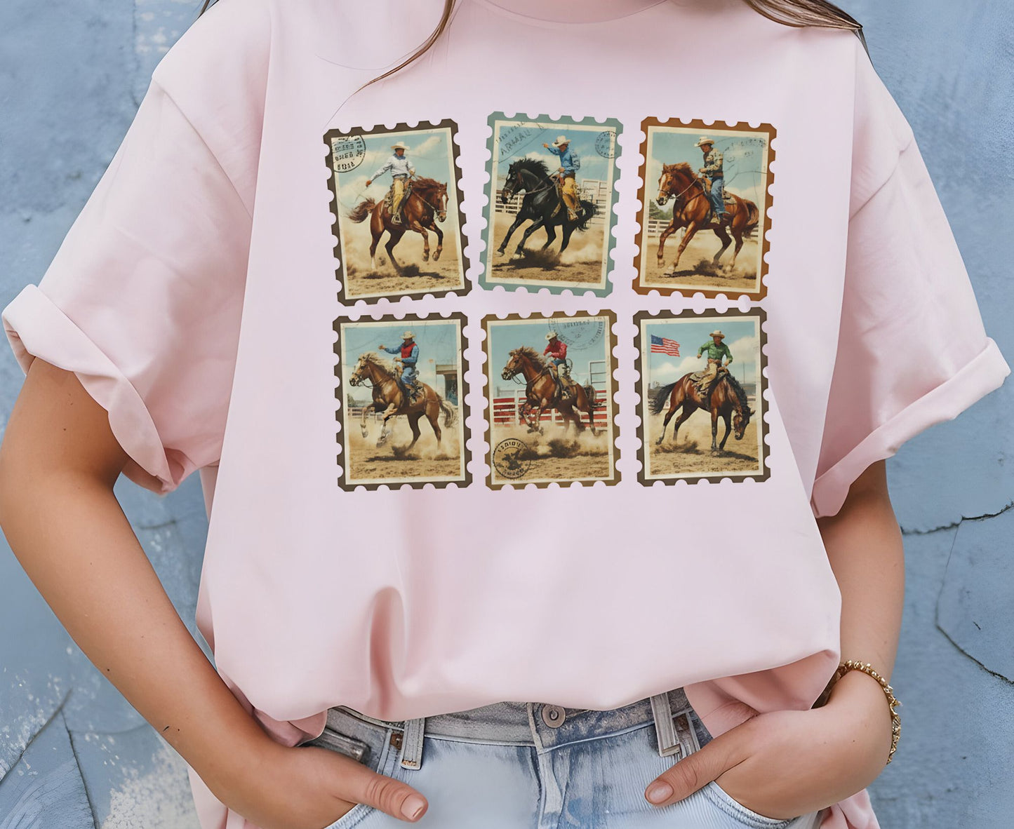 Vintage Cowboy Stamp T Shirt Adult Youth Toddler Baby Western Graphic Tee Retro Rodeo Postage Stamp Aesthetic Country Horse Rider Desert Gift