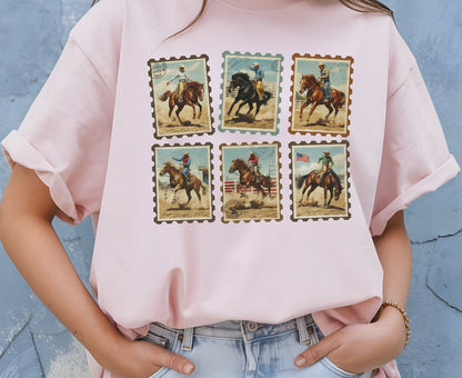 Vintage Cowboy Stamp T Shirt Adult Youth Toddler Baby Western Graphic Tee Retro Rodeo Postage Stamp Aesthetic Country Horse Rider Desert Gift