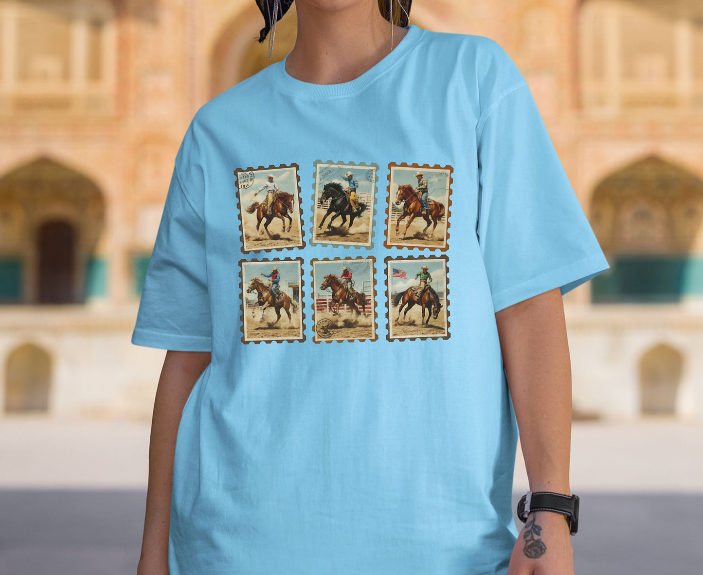 Vintage Cowboy Stamp T Shirt Adult Youth Toddler Baby Western Graphic Tee Retro Rodeo Postage Stamp Aesthetic Country Horse Rider Desert Gift