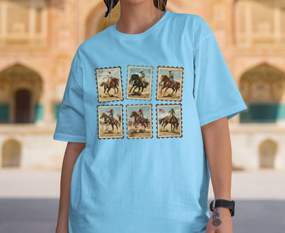 Vintage Cowboy Stamp T Shirt Adult Youth Toddler Baby Western Graphic Tee Retro Rodeo Postage Stamp Aesthetic Country Horse Rider Desert Gift