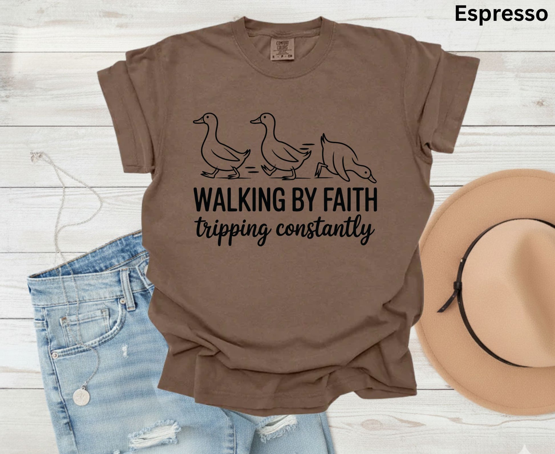 Walking By Faith Tripping Constantly T Shirt Christian Duck Tee Funny Faith Shirt Adult Youth Toddler Baby Religious Gift Humorous Jesus Tee