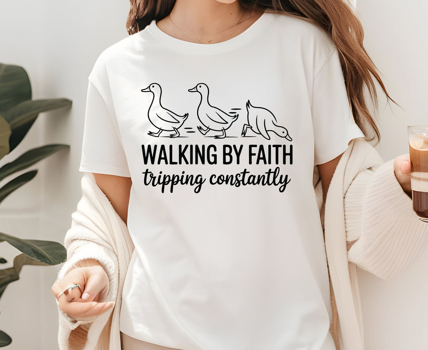 Walking By Faith Tripping Constantly T Shirt Christian Duck Tee Funny Faith Shirt Adult Youth Toddler Baby Religious Gift Humorous Jesus Tee
