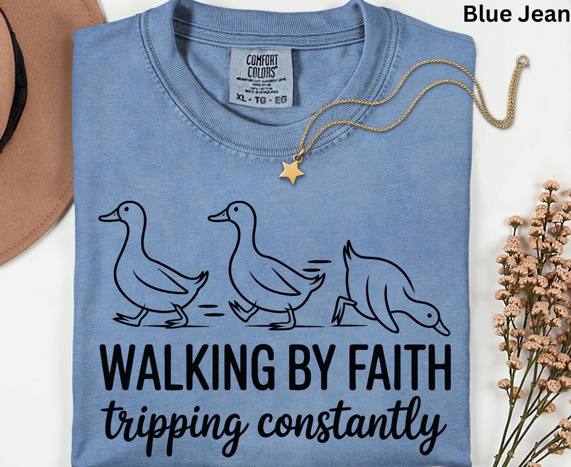 Walking By Faith Tripping Constantly T Shirt Christian Duck Tee Funny Faith Shirt Adult Youth Toddler Baby Religious Gift Humorous Jesus Tee