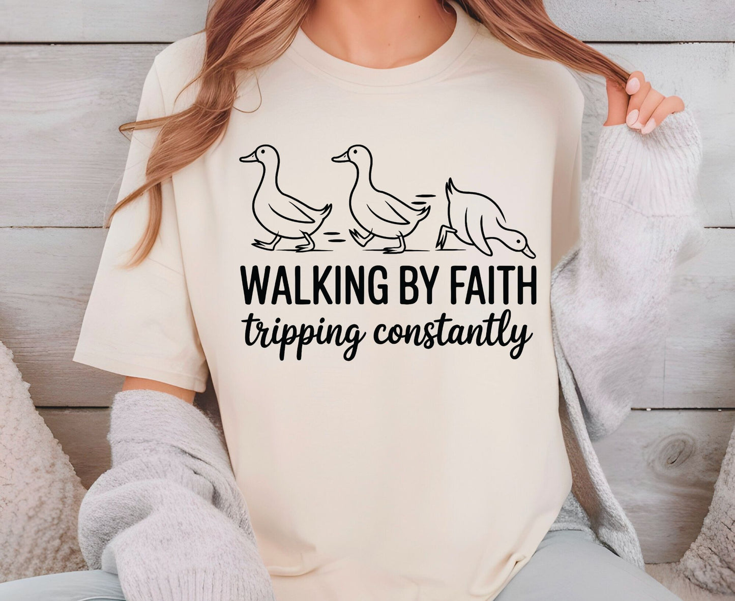 Walking By Faith Tripping Constantly T Shirt Christian Duck Tee Funny Faith Shirt Adult Youth Toddler Baby Religious Gift Humorous Jesus Tee