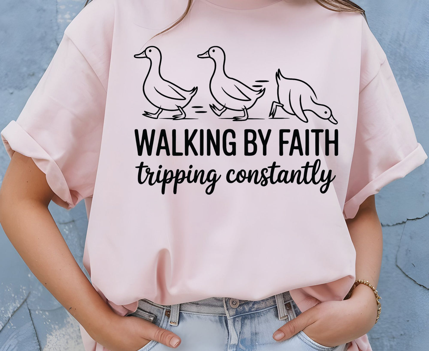 Walking By Faith Tripping Constantly T Shirt Christian Duck Tee Funny Faith Shirt Adult Youth Toddler Baby Religious Gift Humorous Jesus Tee