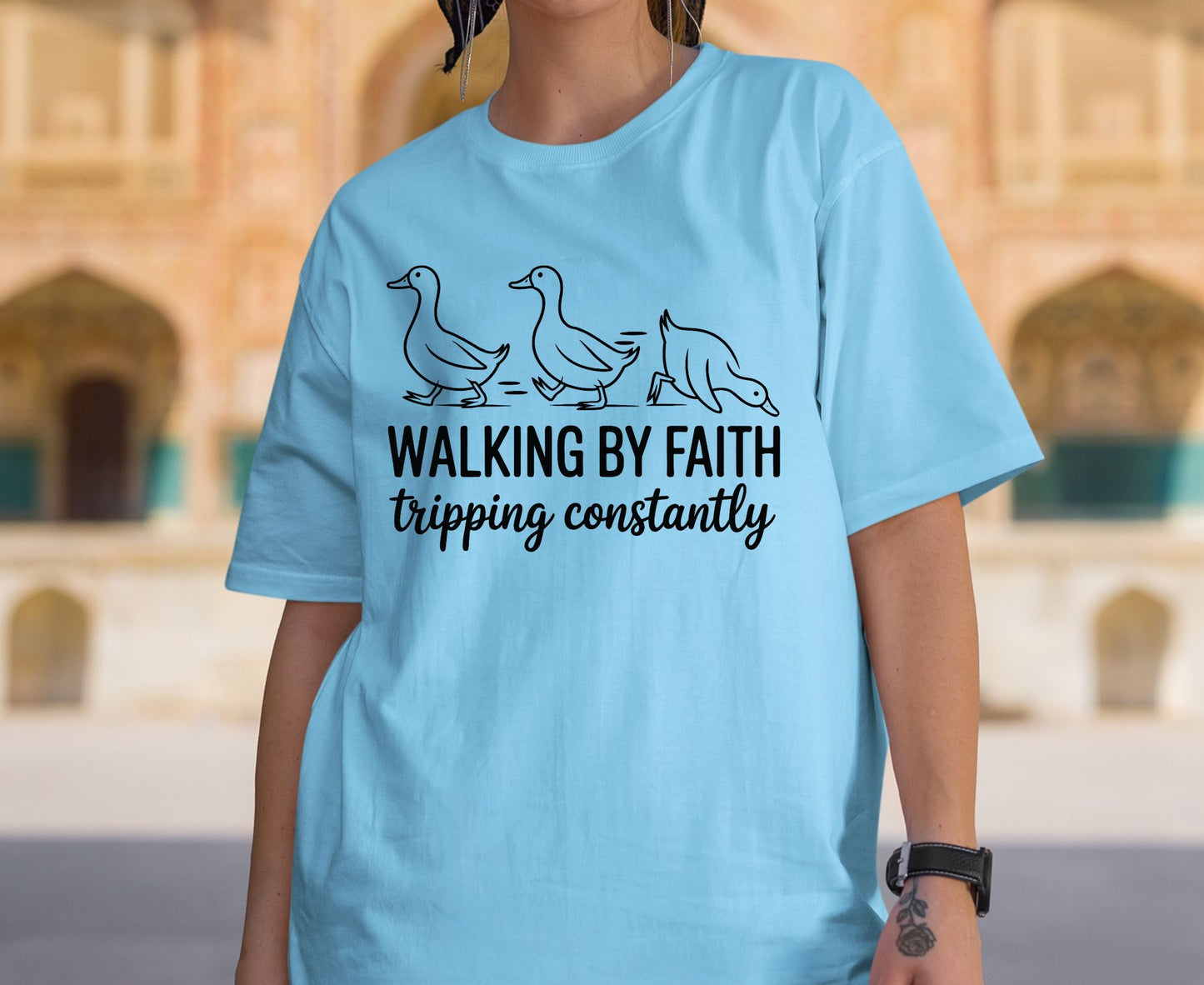 Walking By Faith Tripping Constantly T Shirt Christian Duck Tee Funny Faith Shirt Adult Youth Toddler Baby Religious Gift Humorous Jesus Tee