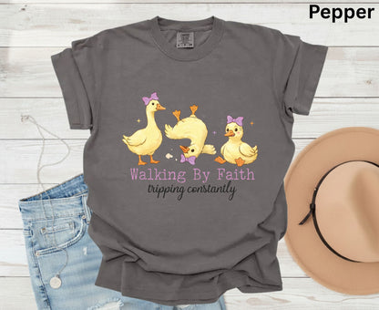 Walking By Faith Tripping Constantly T Shirt Funny Christian Duck Tee Religious Humorous Shirt Faith Gift Adult Youth Toddler Baby Apparel