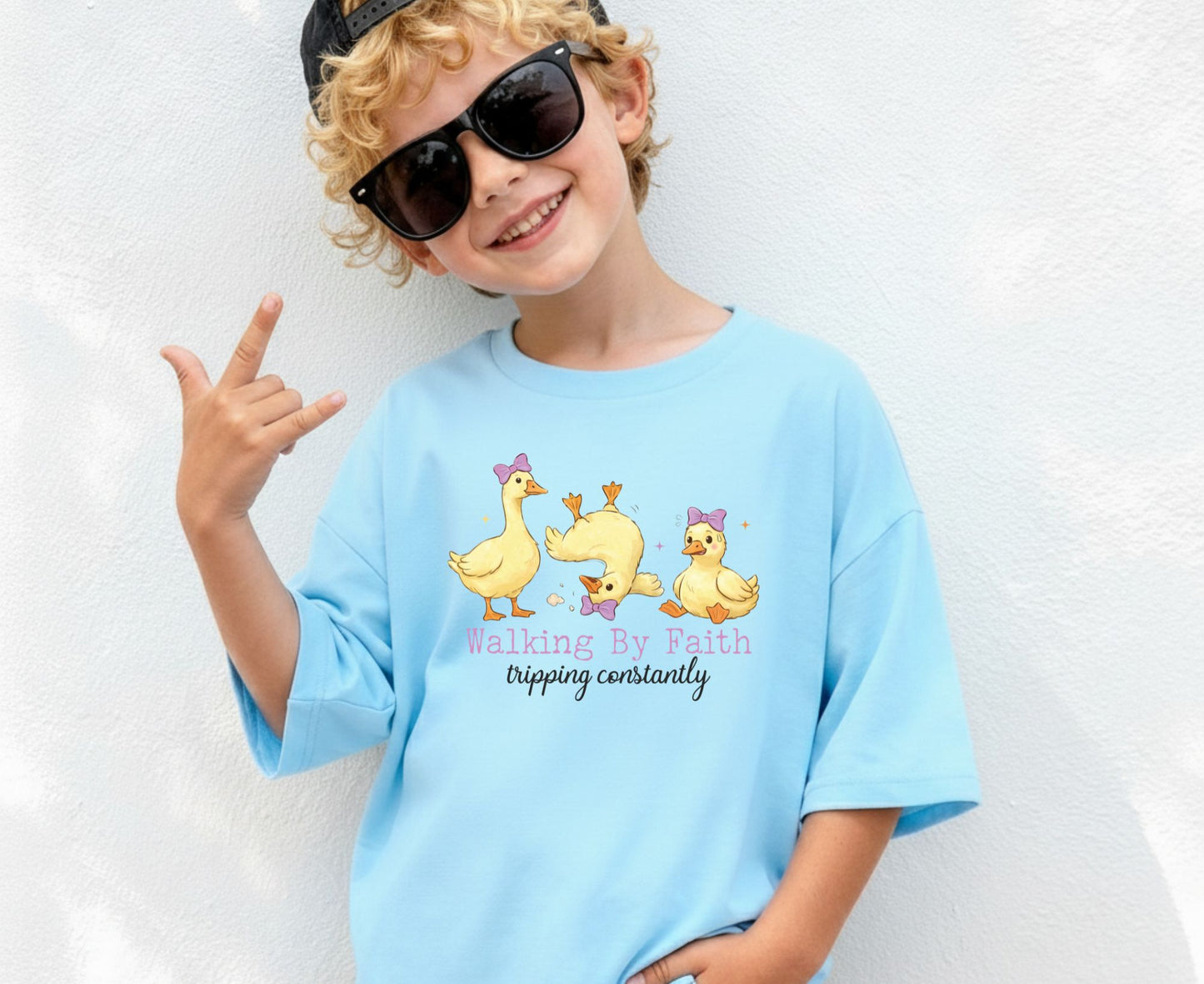 Walking By Faith Tripping Constantly T Shirt Funny Christian Duck Tee Religious Humorous Shirt Faith Gift Adult Youth Toddler Baby Apparel