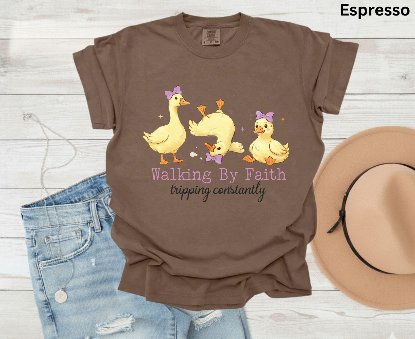 Walking By Faith Tripping Constantly T Shirt Funny Christian Duck Tee Religious Humorous Shirt Faith Gift Adult Youth Toddler Baby Apparel
