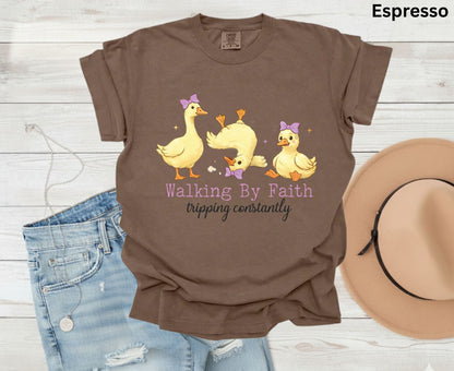 Walking By Faith Tripping Constantly T Shirt Funny Christian Duck Tee Religious Humorous Shirt Faith Gift Adult Youth Toddler Baby Apparel