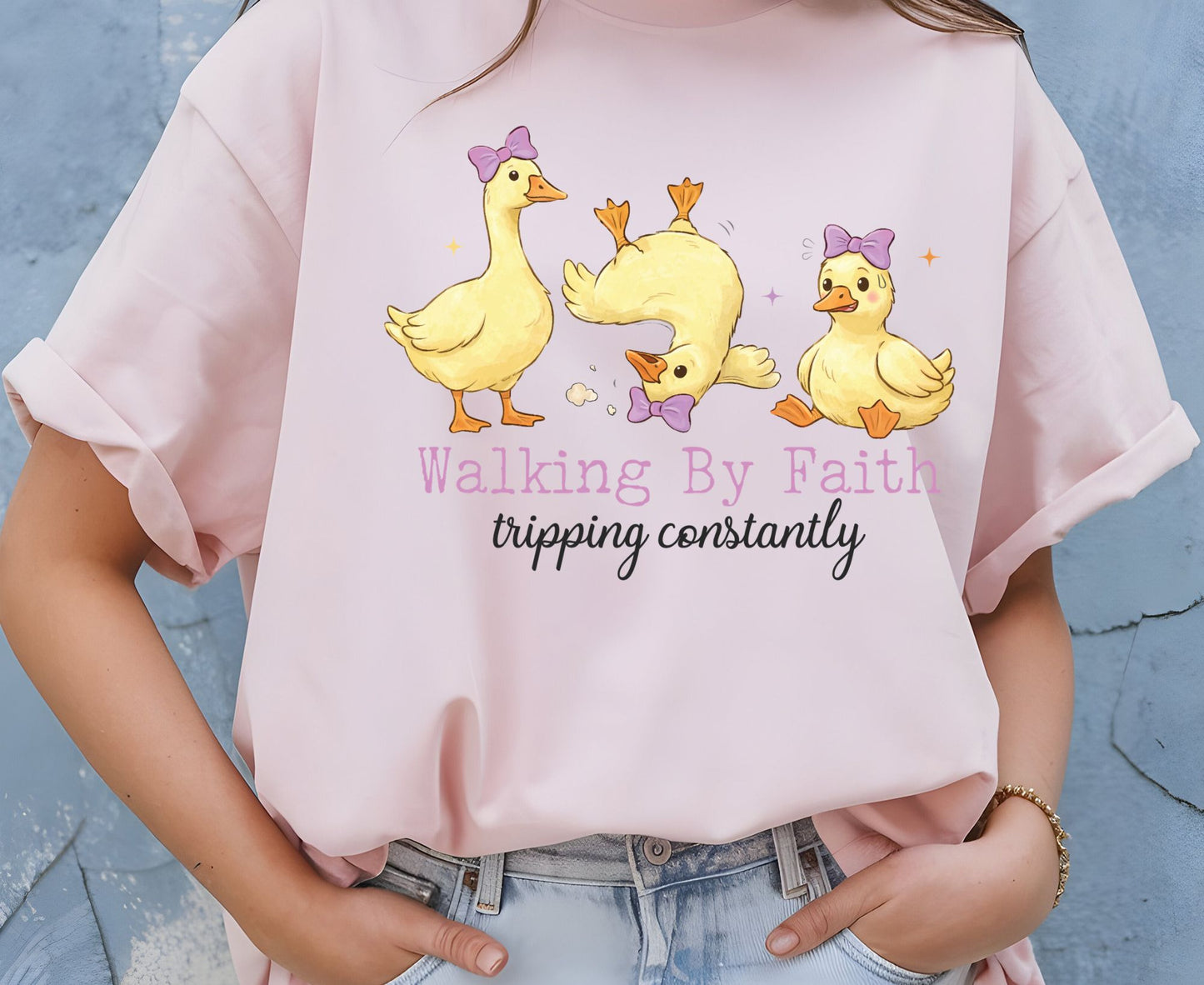 Walking By Faith Tripping Constantly T Shirt Funny Christian Duck Tee Religious Humorous Shirt Faith Gift Adult Youth Toddler Baby Apparel