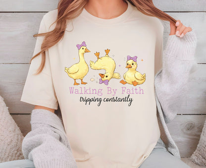 Walking By Faith Tripping Constantly T Shirt Funny Christian Duck Tee Religious Humorous Shirt Faith Gift Adult Youth Toddler Baby Apparel