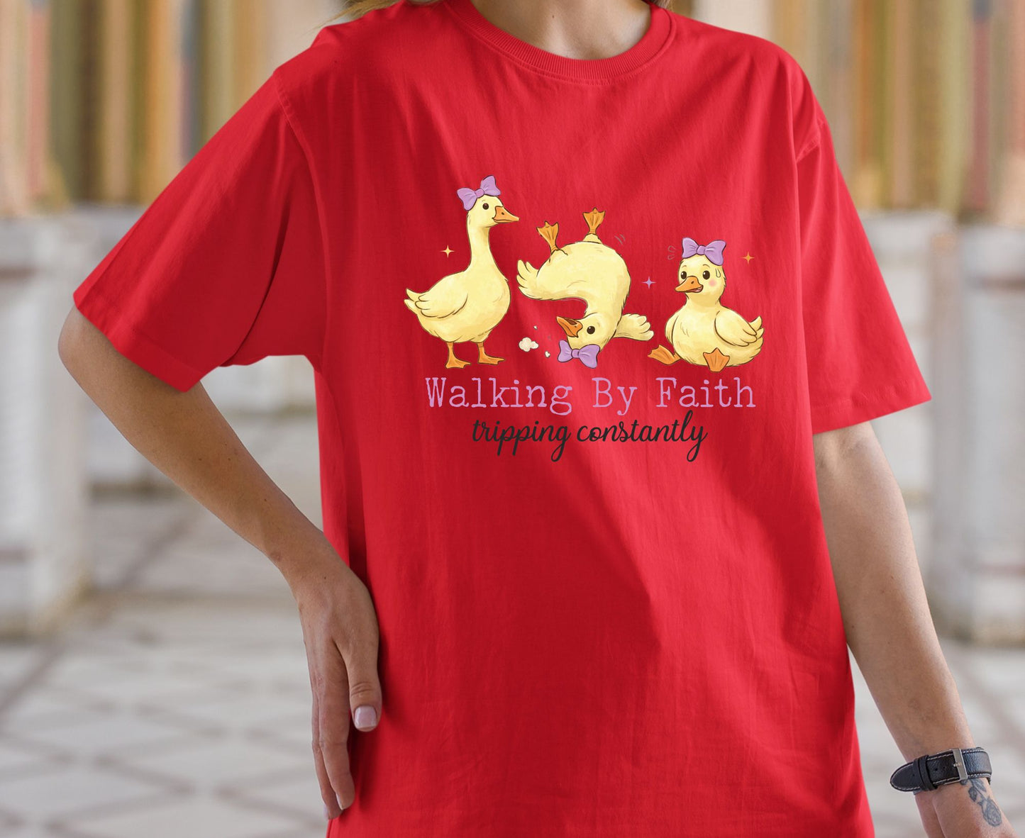 Walking By Faith Tripping Constantly T Shirt Funny Christian Duck Tee Religious Humorous Shirt Faith Gift Adult Youth Toddler Baby Apparel