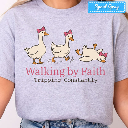 Walking by Faith Christian T-Shirt, Pink Bow Geese Sweatshirt, Funny Faith Tee