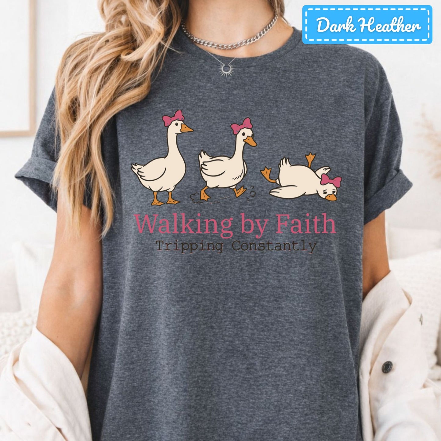 Walking by Faith Christian T-Shirt, Pink Bow Geese Sweatshirt, Funny Faith Tee