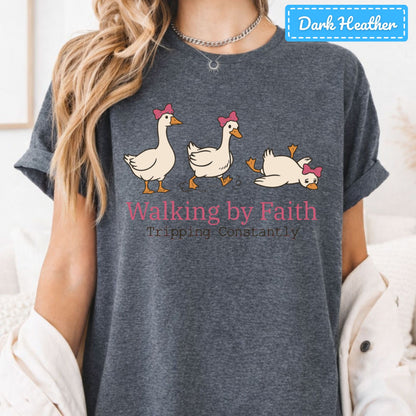 Walking by Faith Christian T-Shirt, Pink Bow Geese Sweatshirt, Funny Faith Tee