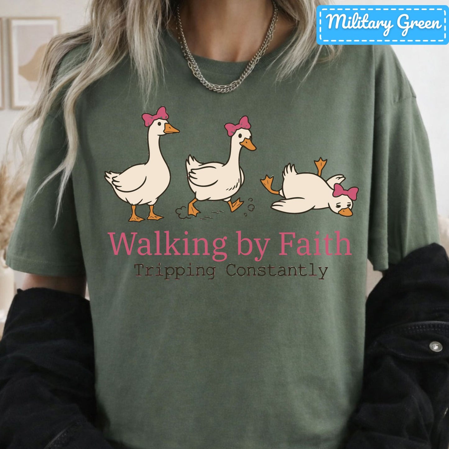 Walking by Faith Christian T-Shirt, Pink Bow Geese Sweatshirt, Funny Faith Tee