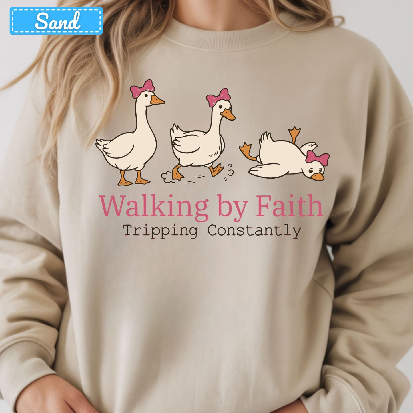Walking by Faith Christian T-Shirt, Pink Bow Geese Sweatshirt, Funny Faith Tee