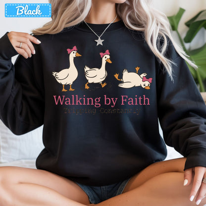 Walking by Faith Christian T-Shirt, Pink Bow Geese Sweatshirt, Funny Faith Tee