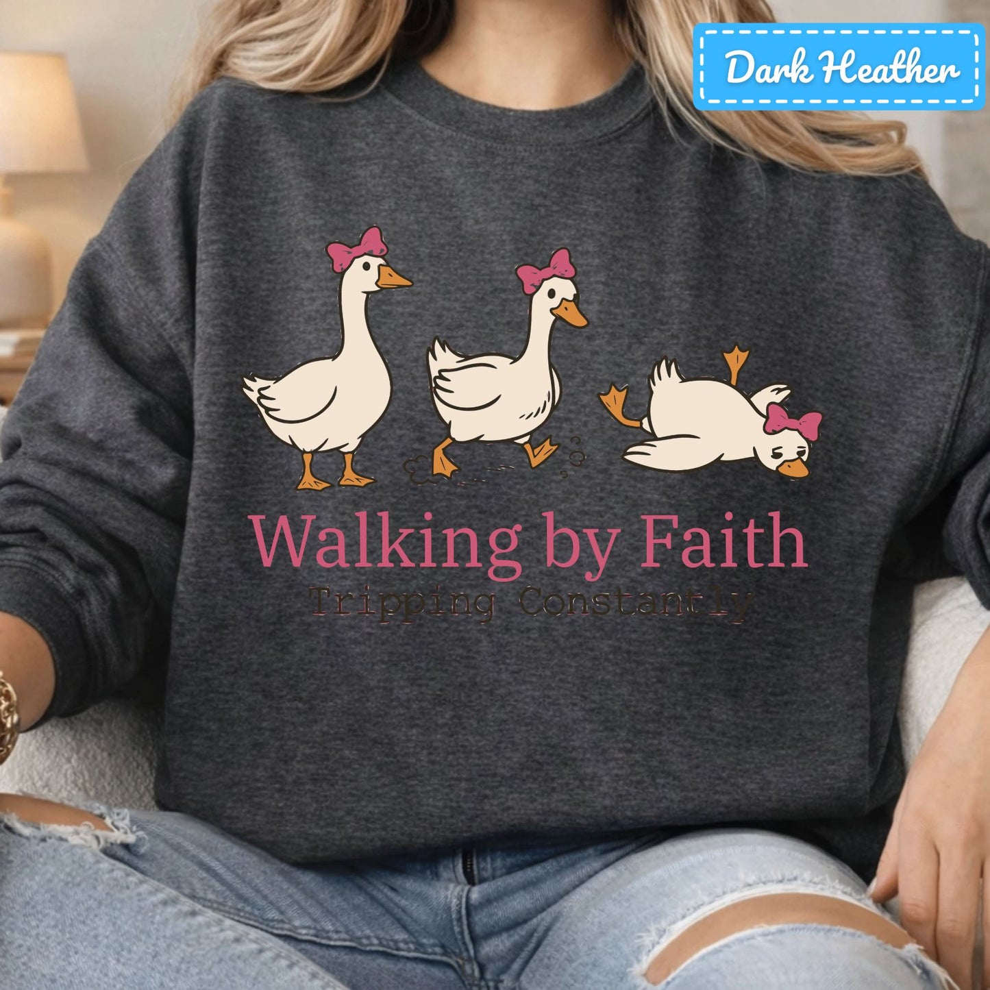 Walking by Faith Christian T-Shirt, Pink Bow Geese Sweatshirt, Funny Faith Tee