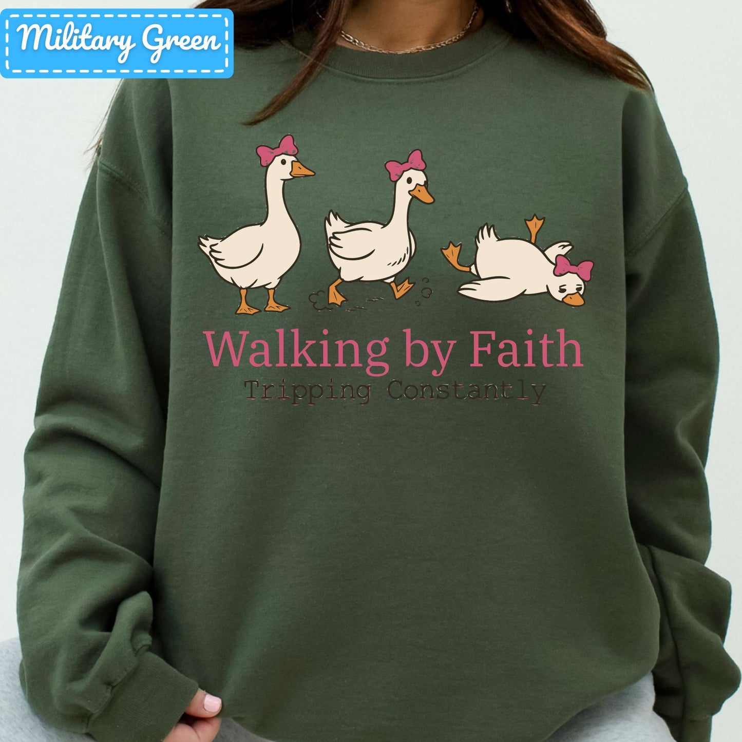 Walking by Faith Christian T-Shirt, Pink Bow Geese Sweatshirt, Funny Faith Tee