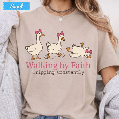 Walking by Faith Christian T-Shirt, Pink Bow Geese Sweatshirt, Funny Faith Tee