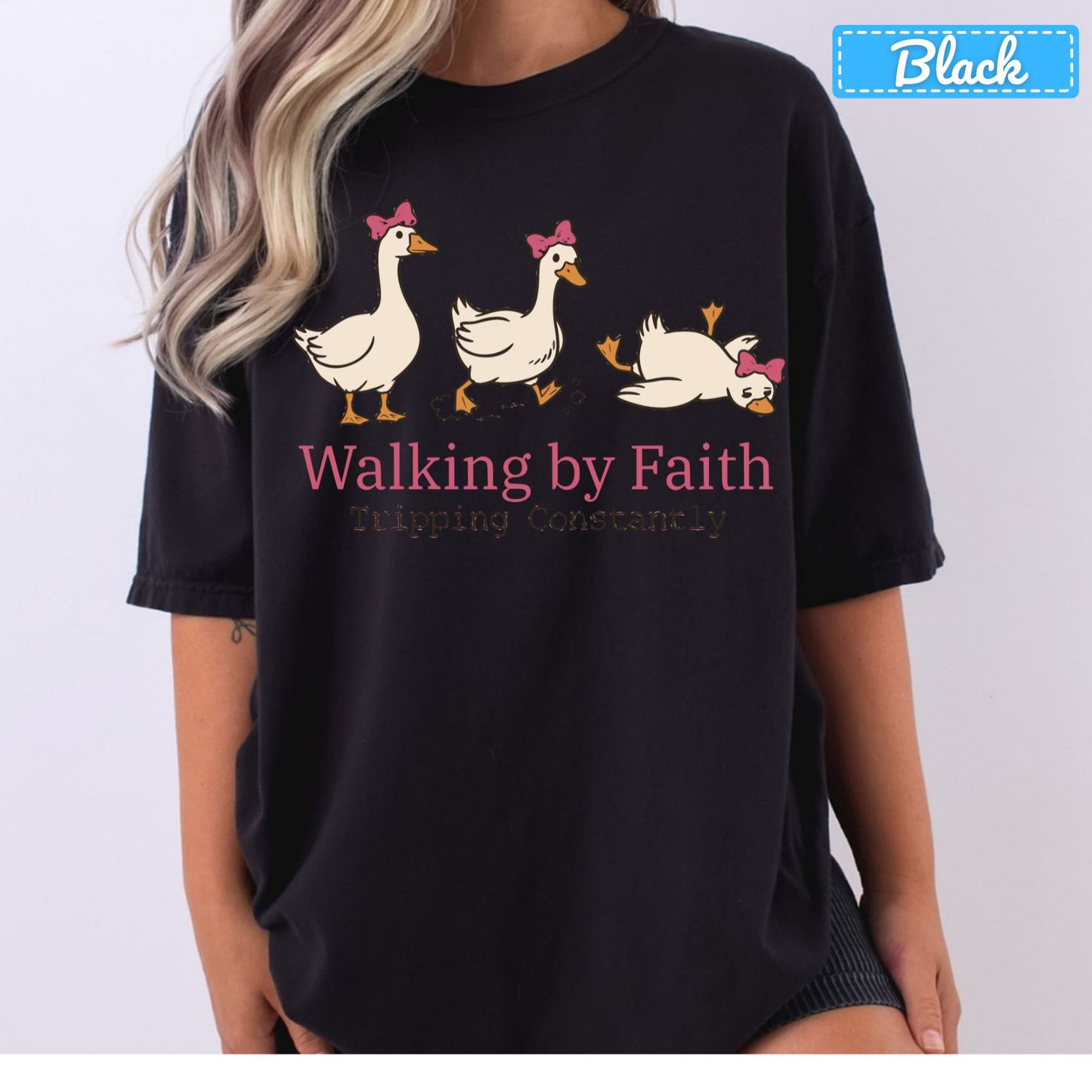 Walking by Faith Christian T-Shirt, Pink Bow Geese Sweatshirt, Funny Faith Tee