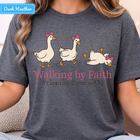Walking by Faith Christian T-Shirt, Pink Bow Geese Sweatshirt, Funny Faith Tee