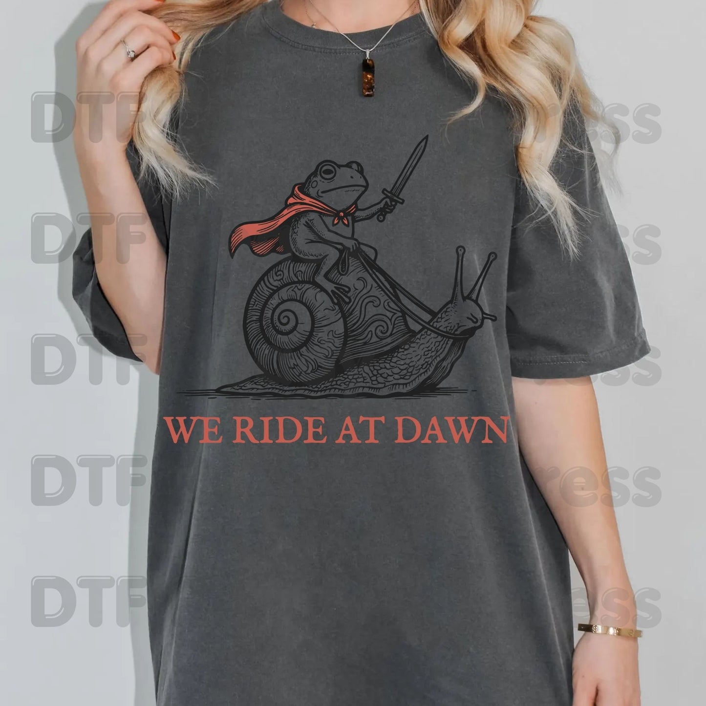 We Ride At Dawn Frog Riding Snail DTF Transfer Ready to Press Funny Medieval Fantasy Warrior Heat Transfer for Shirts Whimsical UV Sticker Prints