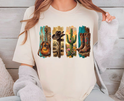Western Aesthetic T Shirt Adult Youth Toddler Baby Acoustic Guitar Cowboy Hat Cactus Floral Boots Graphic Tee Country Music Retro Rodeo Gift