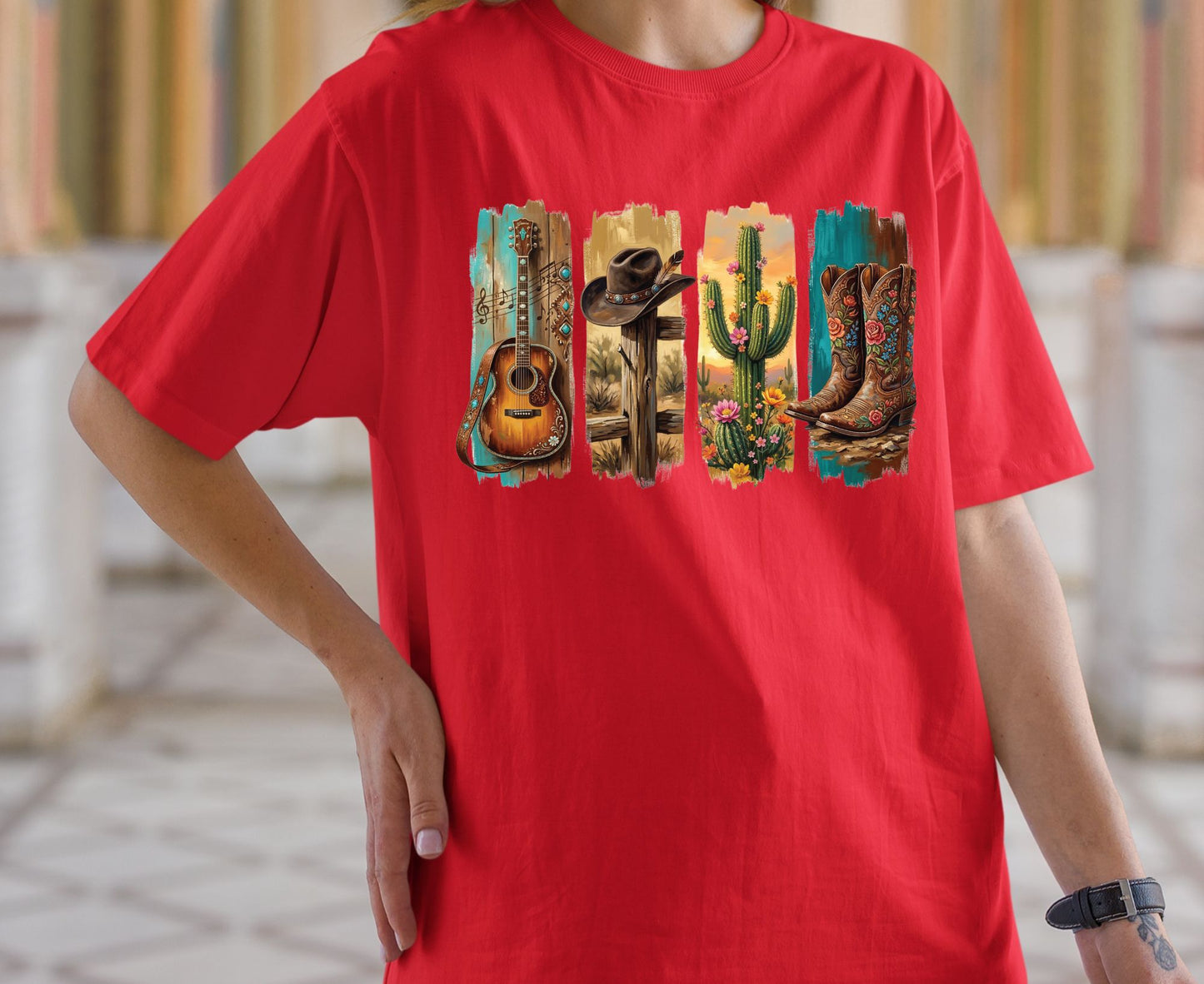 Western Aesthetic T Shirt Adult Youth Toddler Baby Acoustic Guitar Cowboy Hat Cactus Floral Boots Graphic Tee Country Music Retro Rodeo Gift